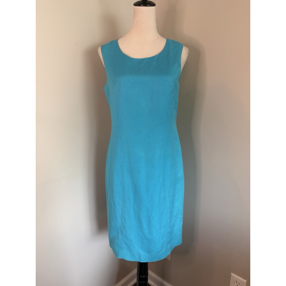 VTG Adolfo Studio Linen Blend Sheath Dress Turquoise Blue 90s Lined Shift 6 EUC